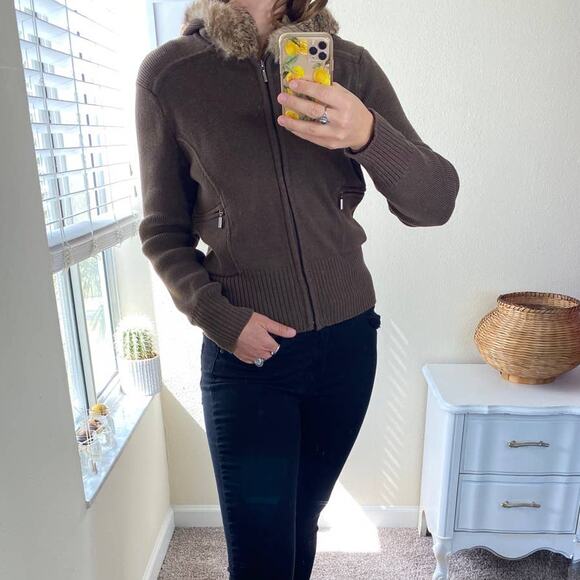 Nine & Co brown full zip sweater jacket with rabbit fur hood size large - Picture 3 of 8